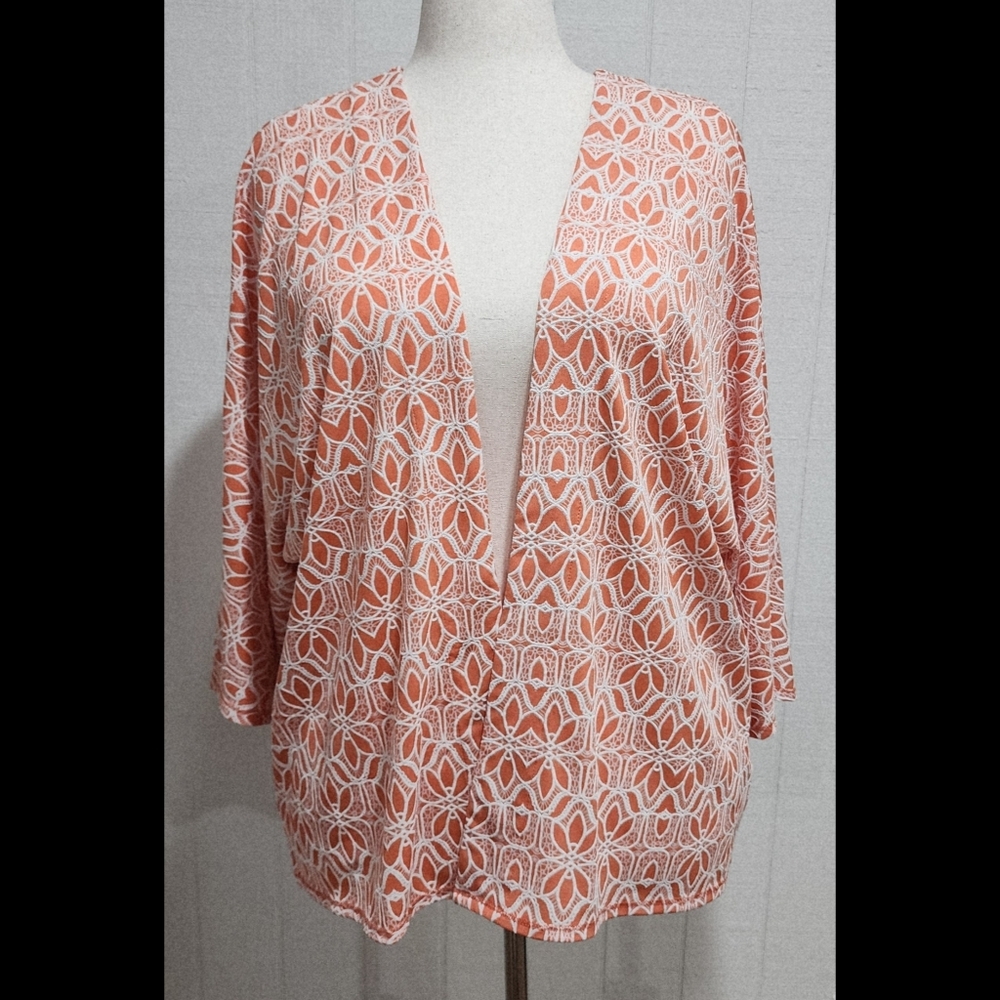 Ruby Rd. Petite PXL Open Knit Kimono Top Cardigan Orange White Textured Stretch